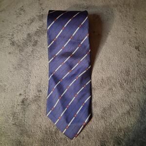 Christian Dior All Silk Tie Navy Blue Striped Foulard Pattern Silver Red